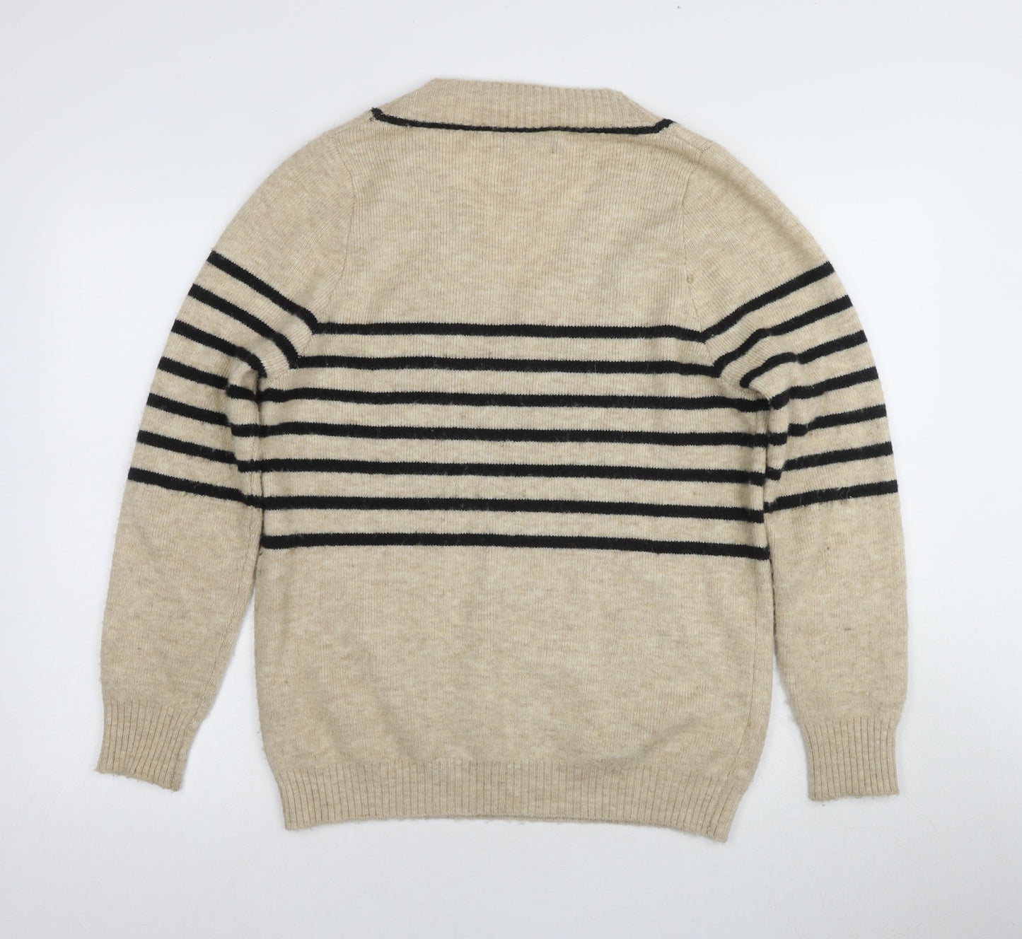 MNG Women's Beige V-Neck Striped Pullover Jumper XS