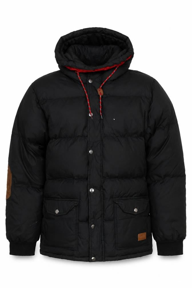 Akomplice Men's Black Puffer Jacket, L, Hooded, Snap Closure