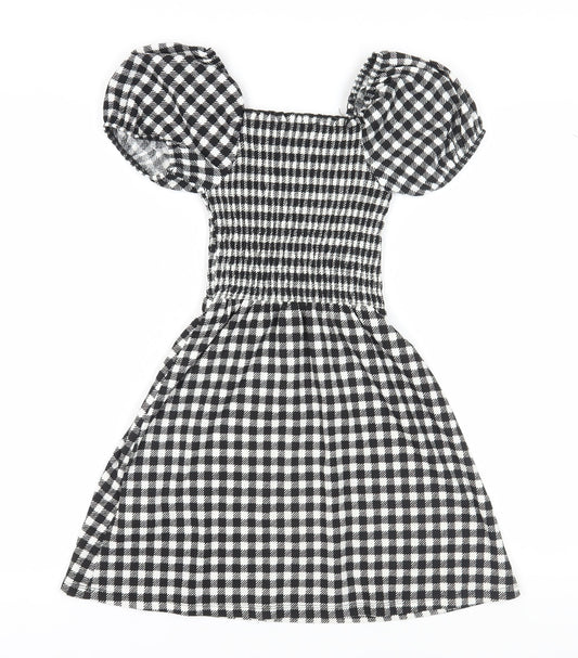 New Look Girls Black A-Line Check Dress, 10-11 Years, Puff Sleeves