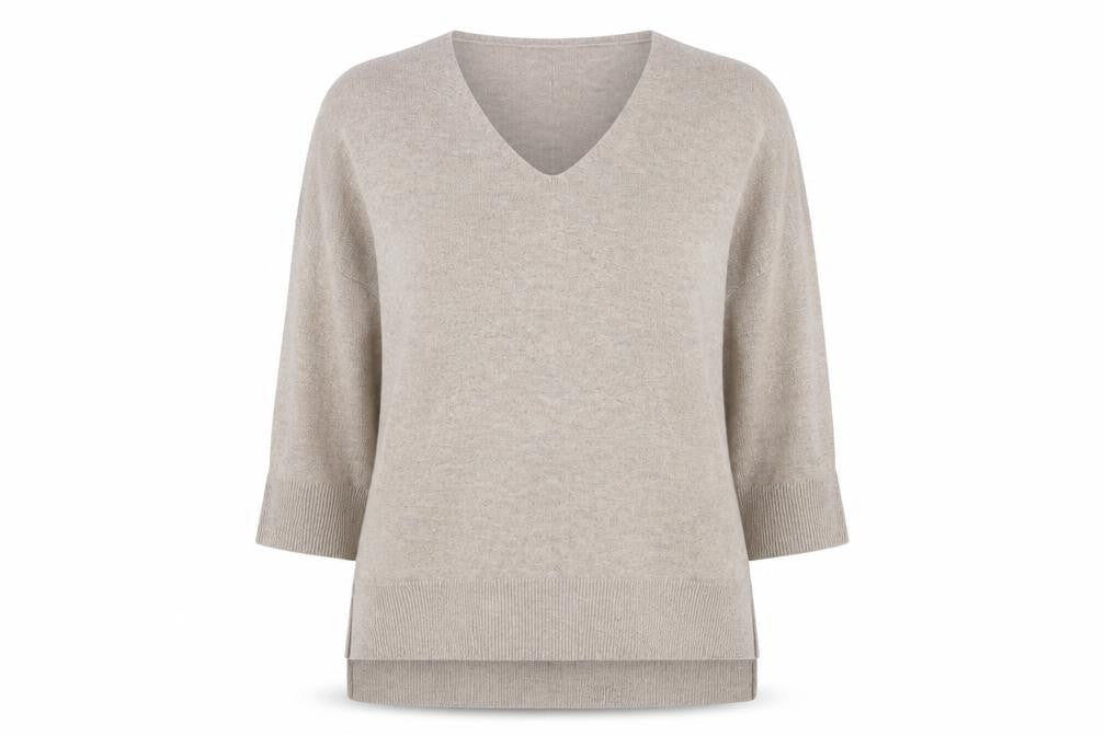 French Connection Women's Beige V-Neck Jumper, S, 3/4 Sleeve