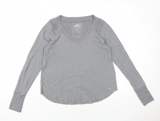 Hollister Women Grey Long Sleeve Jersey V-Neck T-Shirt