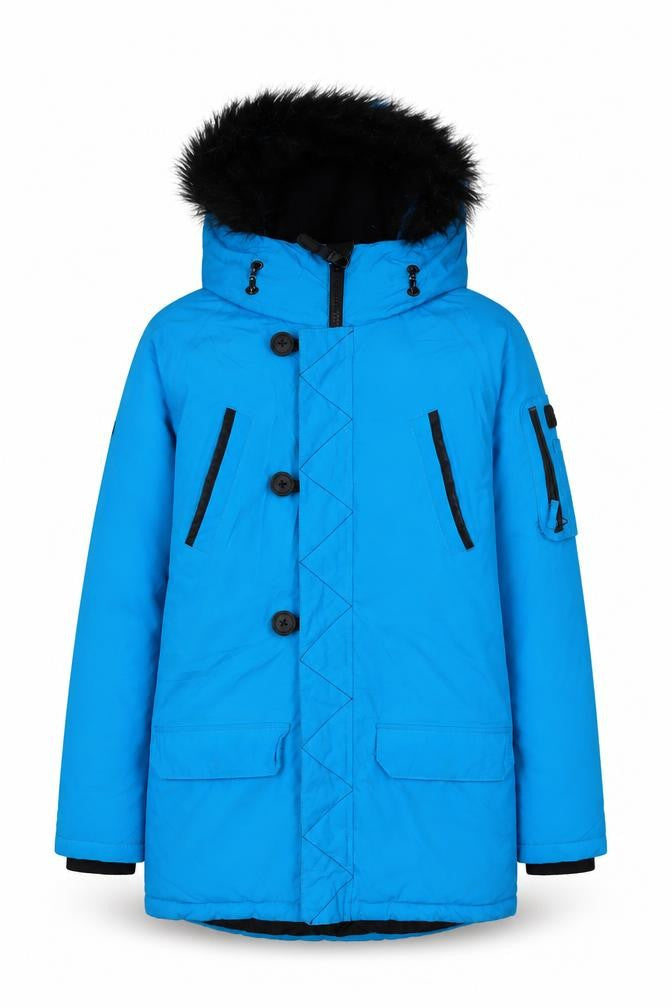 Front view of Next boys’ blue long hooded parka 12 years