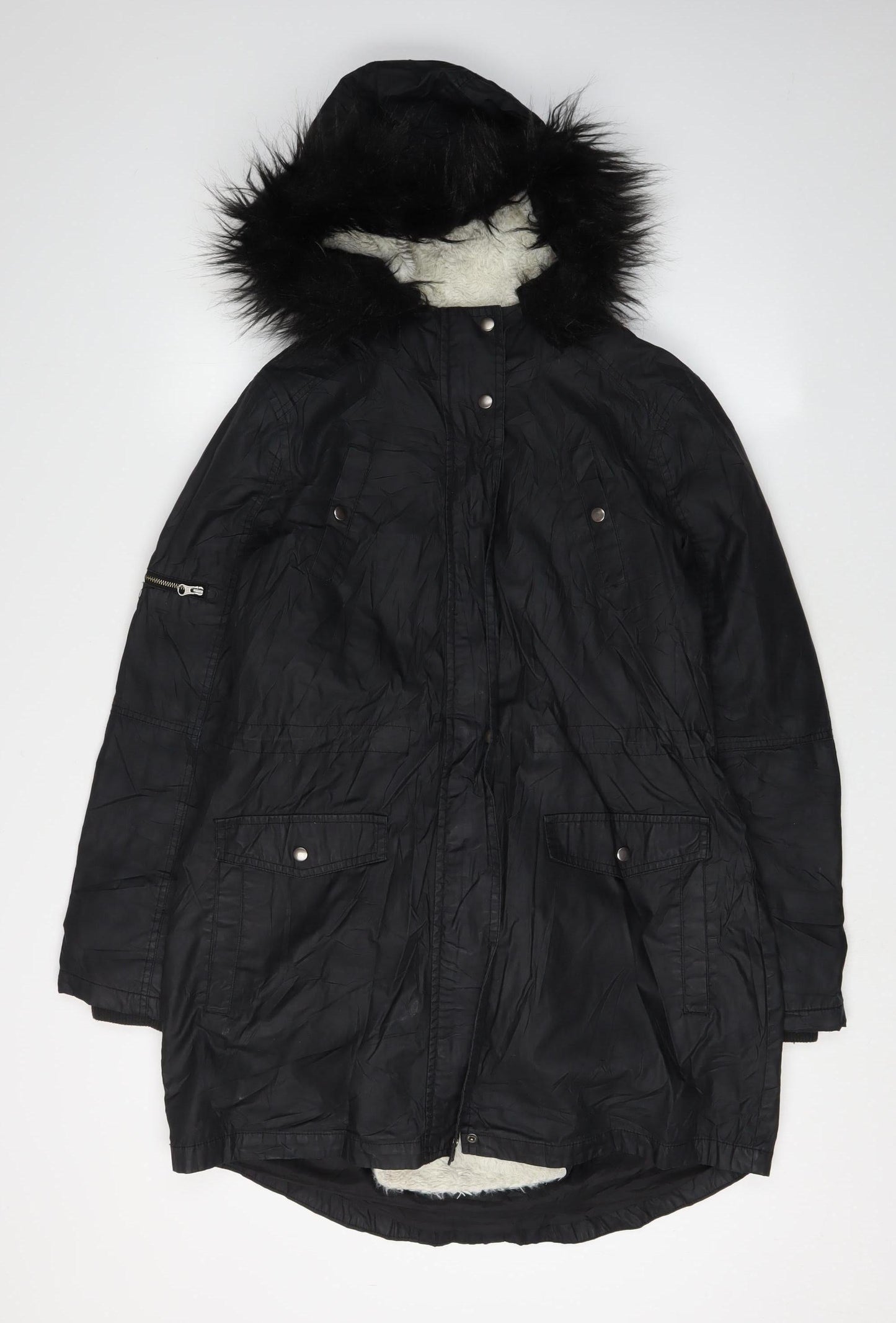 Oasis Women's Black Parka, Size S, Fur Trim Hood