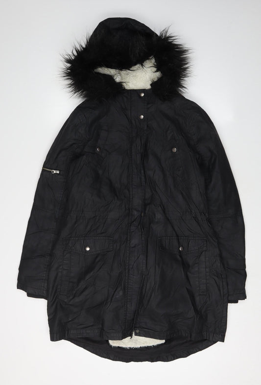 Oasis Women's Black Parka, Size S, Fur Trim Hood