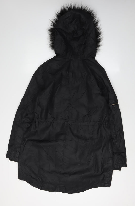 Oasis Women's Black Parka, Size S, Fur Trim Hood