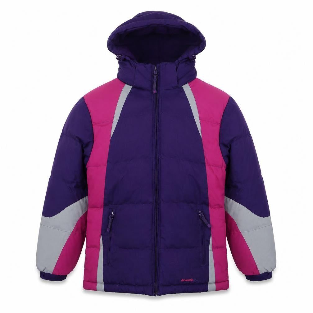Front view of Mountain Life girls’ purple puffer jacket 11-12 years