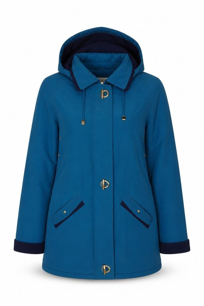EWM Women's Blue Parka Jacket Size 12, Hooded, Button Accents