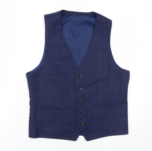Moss London Men's Blue Checked Slim Fit Waistcoat 38R