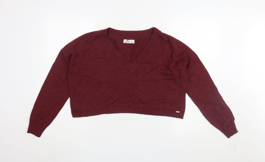 Hollister Women's Burgundy V-Neck Jumper Size S