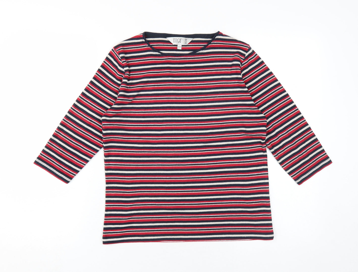 TIGI Women's Multicoloured Striped T-Shirt, M, Crew Neck