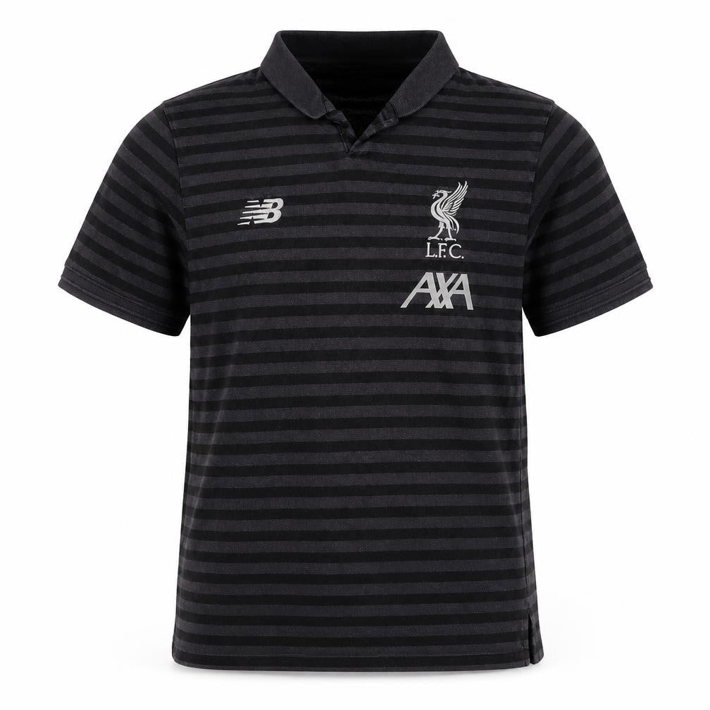 Front view of New Balance boys’ black striped polo shirt, size 158, sports style