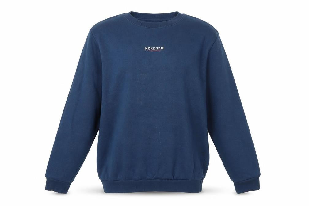 Front view of McKenzie boys’ blue pullover sweatshirt, 13-15 years, logo accent