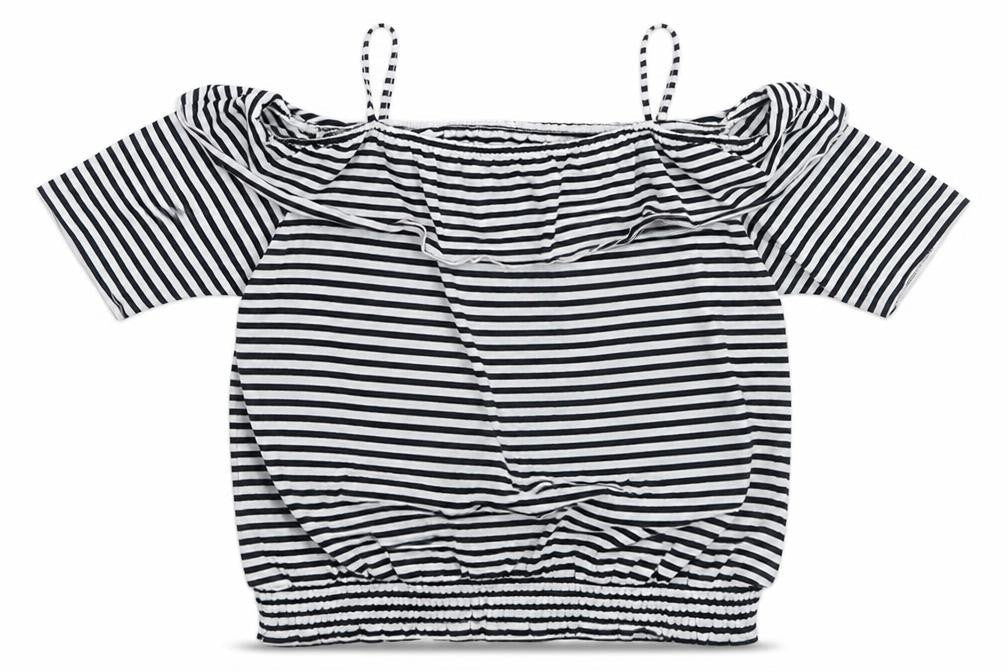 Front view of H&M girls’ off the shoulder blouse, black & white striped, 11-12 years