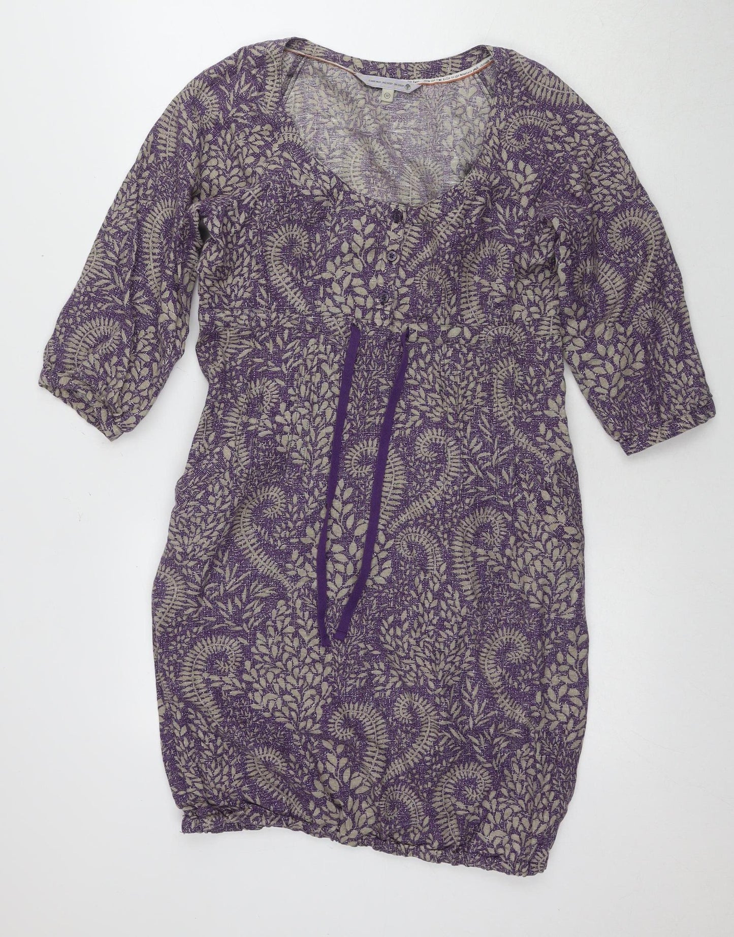 Fat Face Women's Purple Linen Cotton Dress 3/4 Sleeve 10