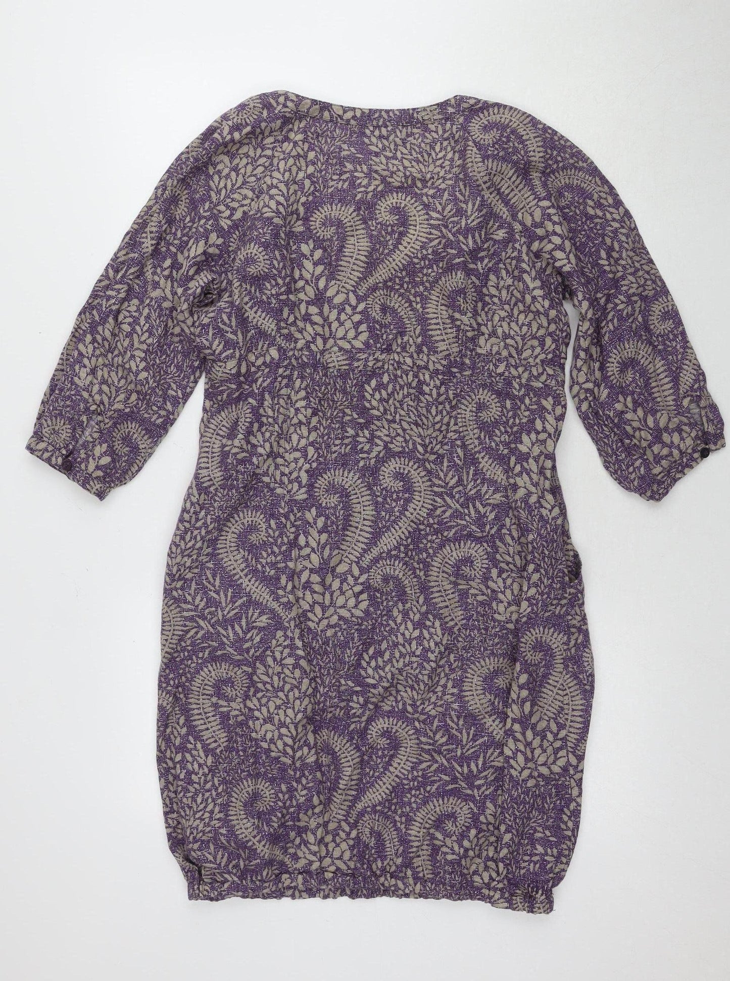 Fat Face Women's Purple Linen Cotton Dress 3/4 Sleeve 10