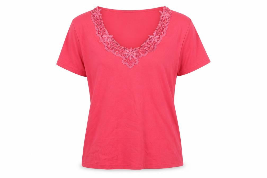 Front view of Honor Millburn Women's Pink Embroidered T-Shirt