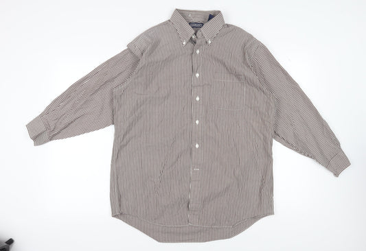 Lands' End Men's Brown Striped Button-Up Shirt