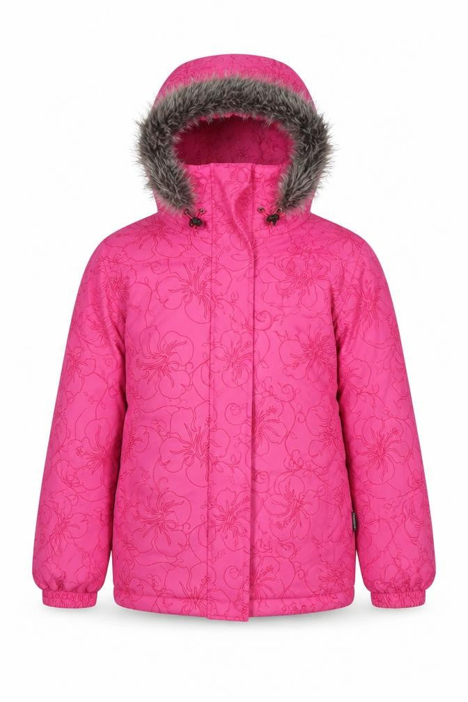 Front view of TOG24 girls’ pink floral puffer jacket with fur trim