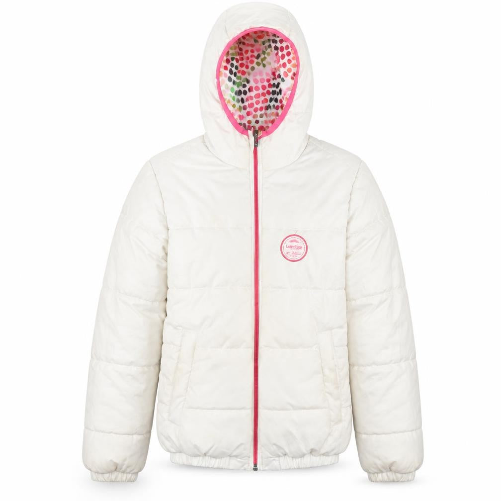 Front view of Decathlon girls’ white puffer jacket, 12 years, hooded
