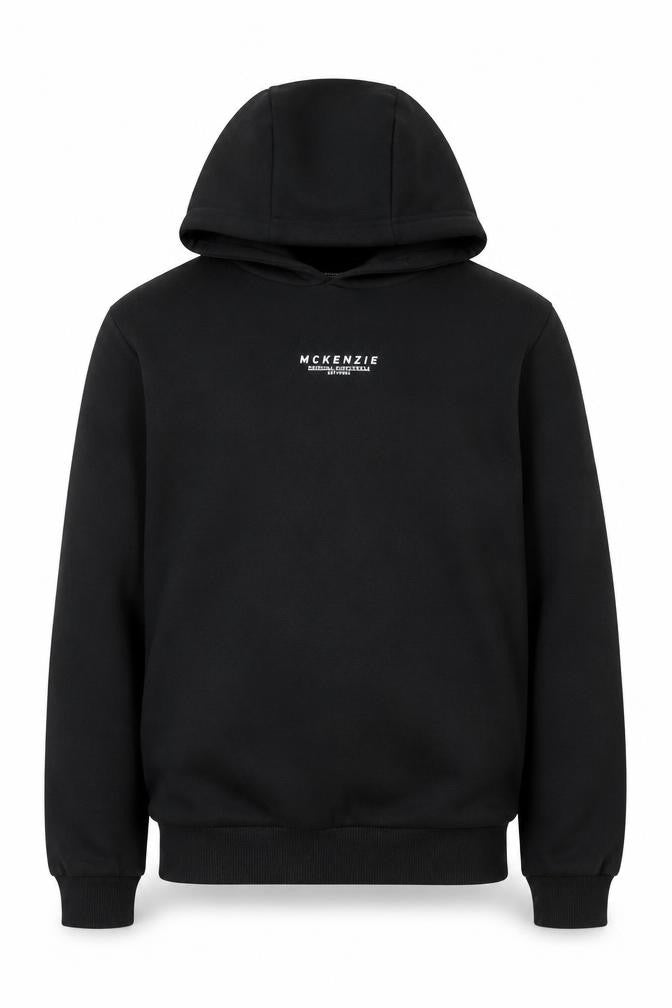 Front view of McKenzie boys’ black hoodie 13-14 years pullover logo design