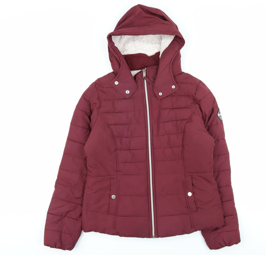 Hollister Women's Red Puffer Jacket L Hooded Lined