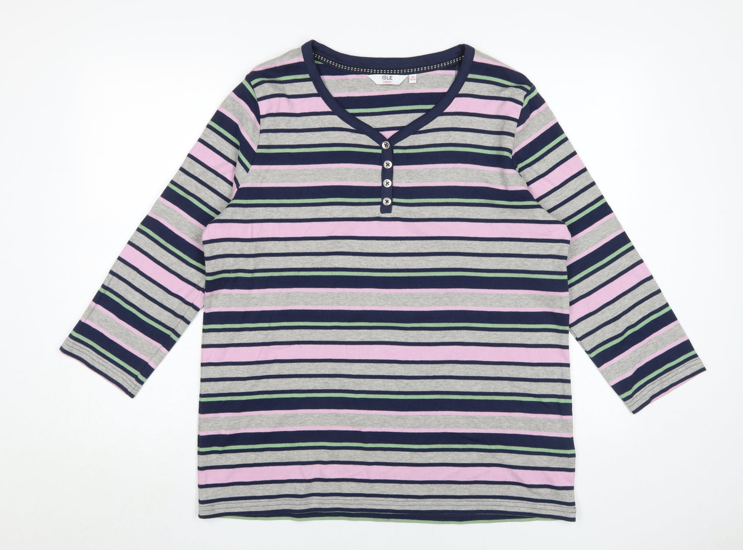 ISLE Women's Multicoloured Striped Henley Tee Size 14