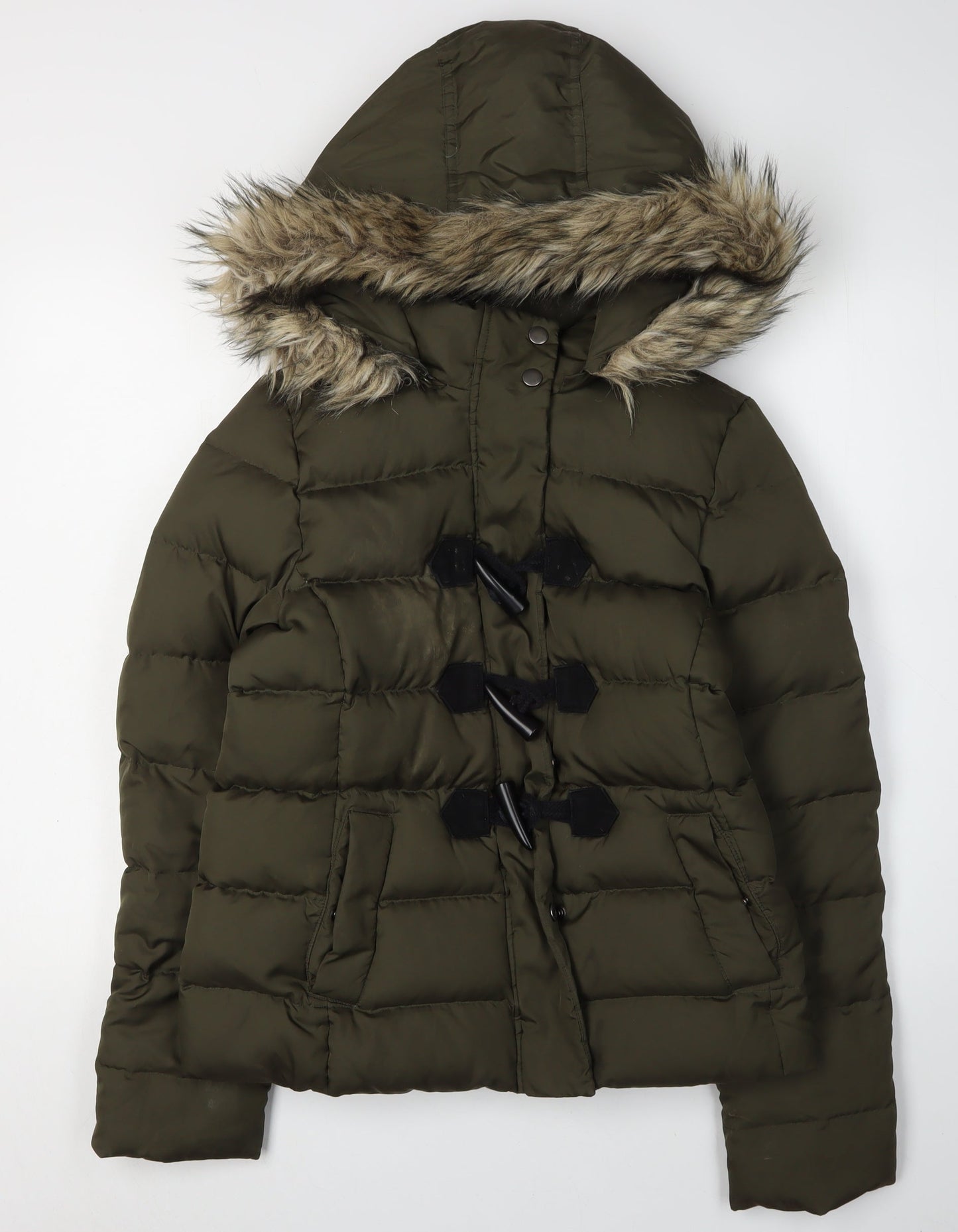 Gap Women's Green Puffer Jacket S - Winter Hooded Fur Trim