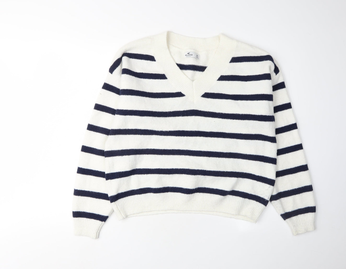 Hollister Women's White Striped V-Neck Jumper XS