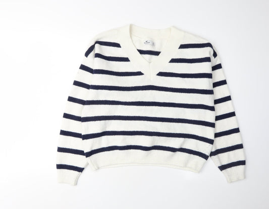 Hollister Women's White Striped V-Neck Jumper XS