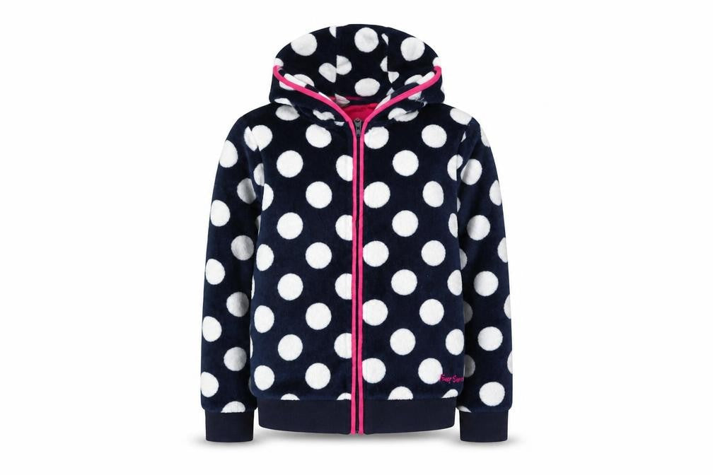 Front view of Peter Storm girls’ blue polka dot hooded jacket 9-10 years