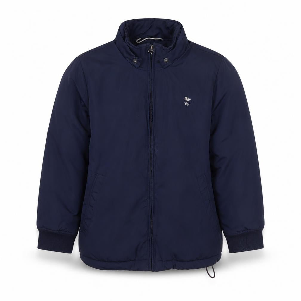 Front view of Timberland boys’ blue puffer jacket, size 8