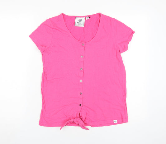TOG24 Women's Pink Short Sleeve Button Scoop Neck Top