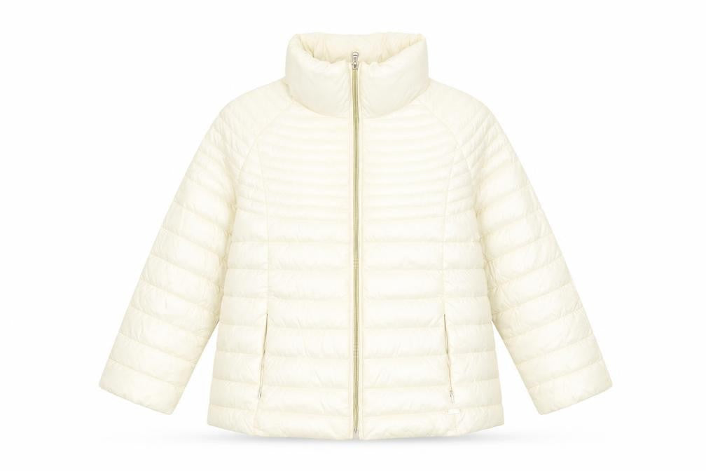 Front view of Guess Women's Ivory Puffer Jacket XS, Full Zip Quilted