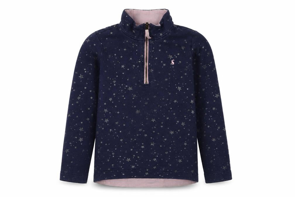 Front view of Joules girls’ blue star print 1/2 zip sweatshirt 11-12 years