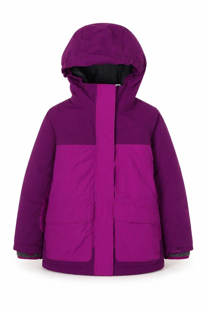 Front view of Lands' End girls’ purple parka coat 4-5 years, hooded insulated