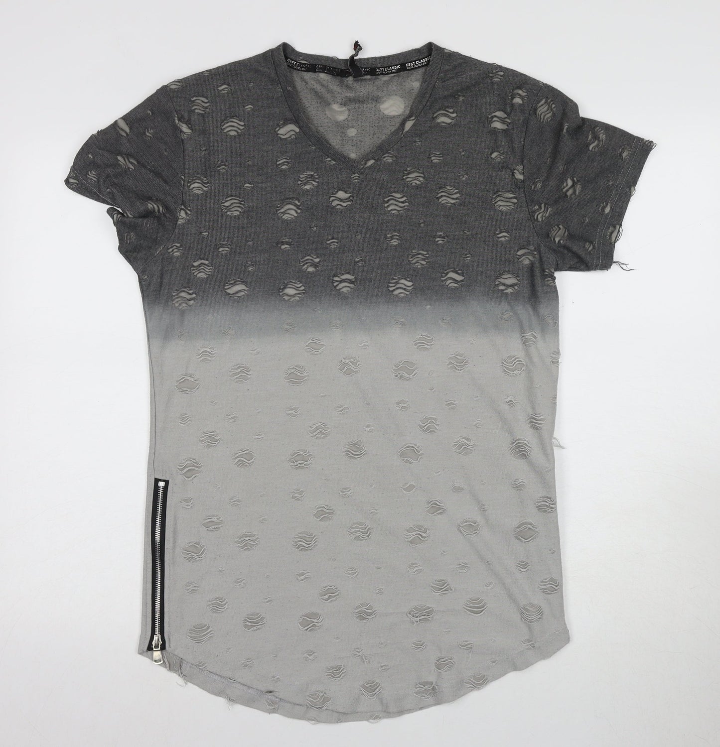 MJ Style Men's Grey Distressed V-Neck Tee M