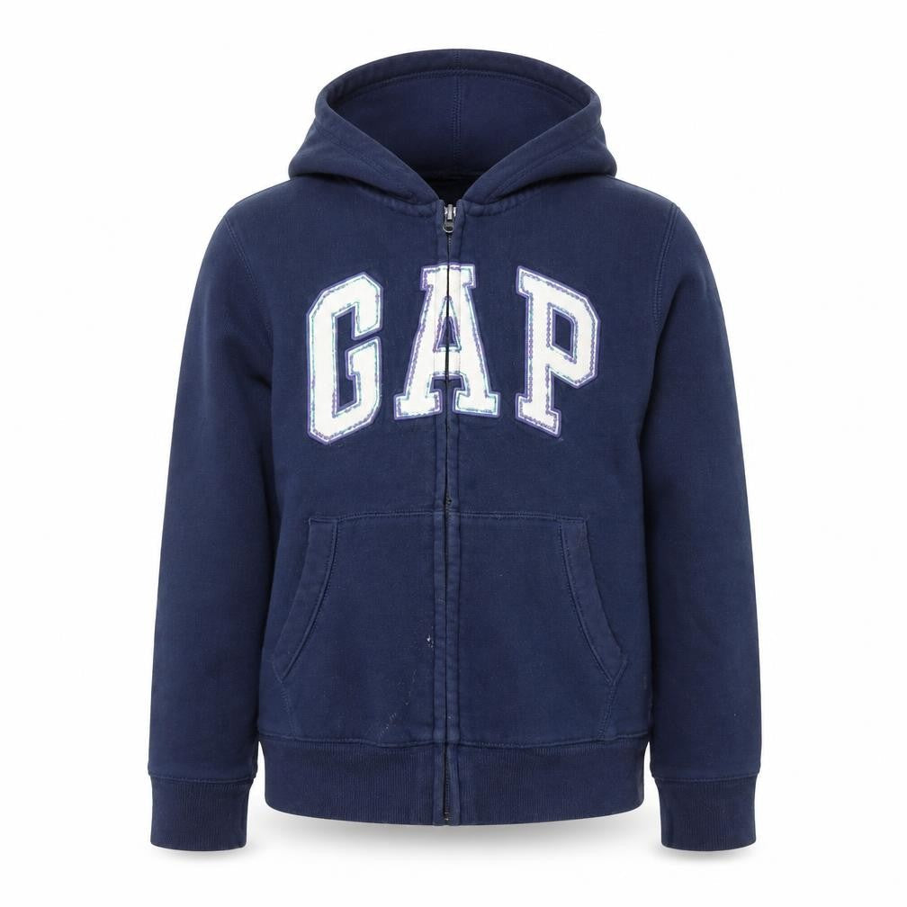 Front view of Gap girls’ blue hoodie, size 10, full zip, casual logo