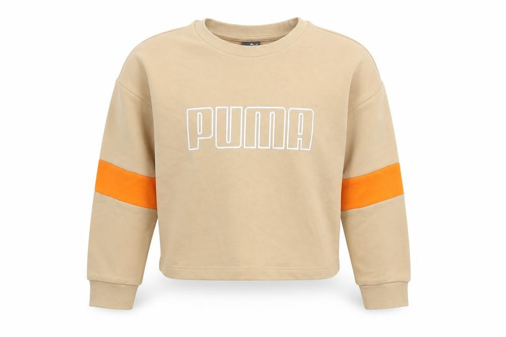 Front view of Puma girls’ beige sweatshirt 9-10y graphic pullover top