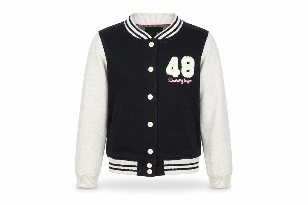 Front view of L.O.G.G. girls’ black varsity jacket 9-10 years