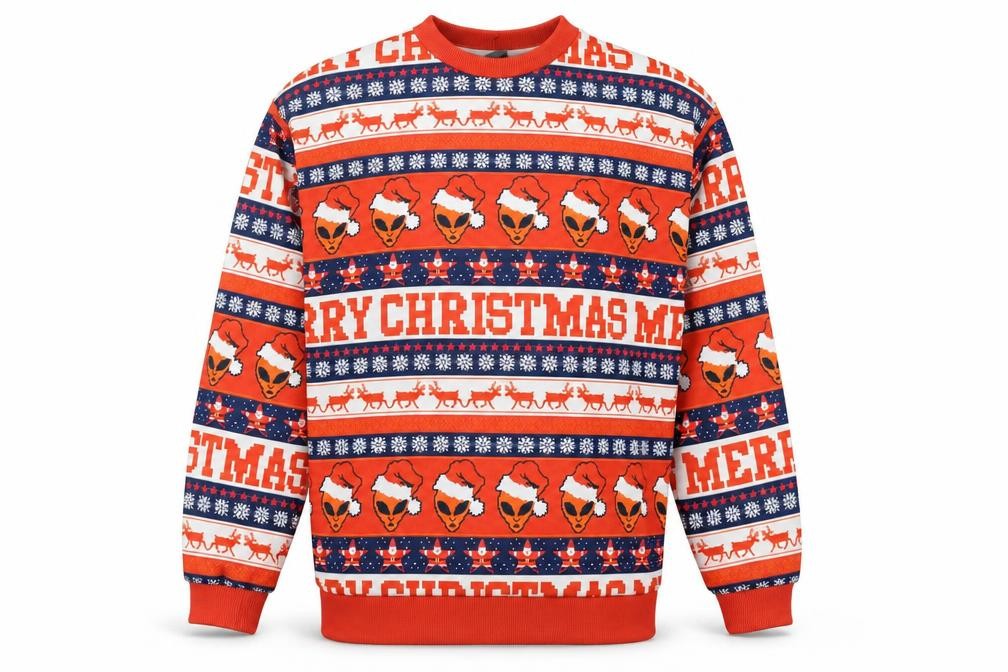 Front view of Asos Men's Christmas Alien Sweatshirt XS Multicoloured