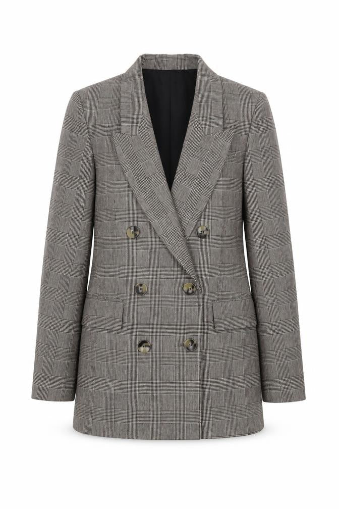 Front view of Zara Woman Grey Plaid Blazer, size 4, Double-Breasted