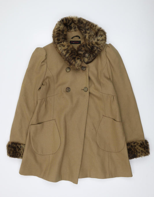 Miss Selfridge Women's Beige Fur Trim Overcoat Size 14