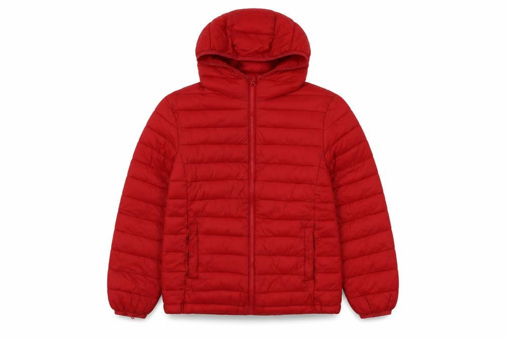 Front view of Mango boys’ red hooded puffer jacket 13-14 years