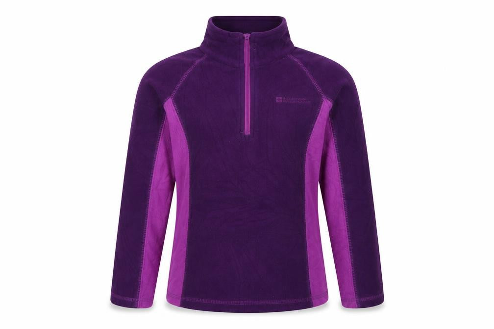 Front view of Mountain Warehouse girls’ purple fleece 1/2 zip sweatshirt 7-8