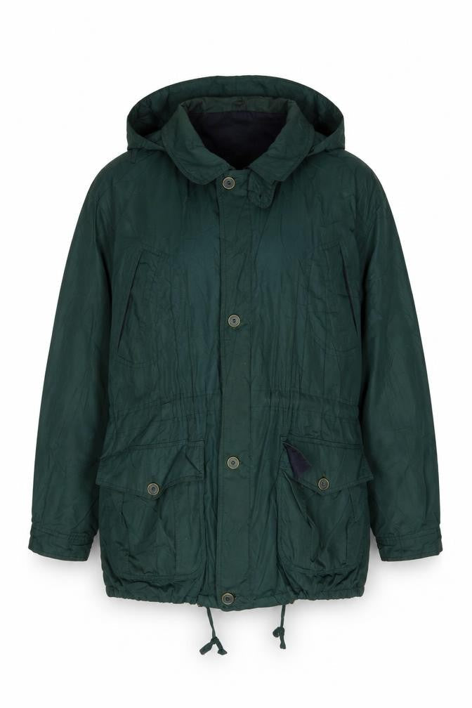 Front view of Casual Club Men's Green Parka Jacket L Hooded Outdoor