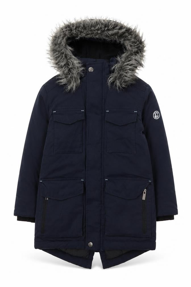 Front view of Lola & Maverick girls’ blue hooded parka coat, size 7, years