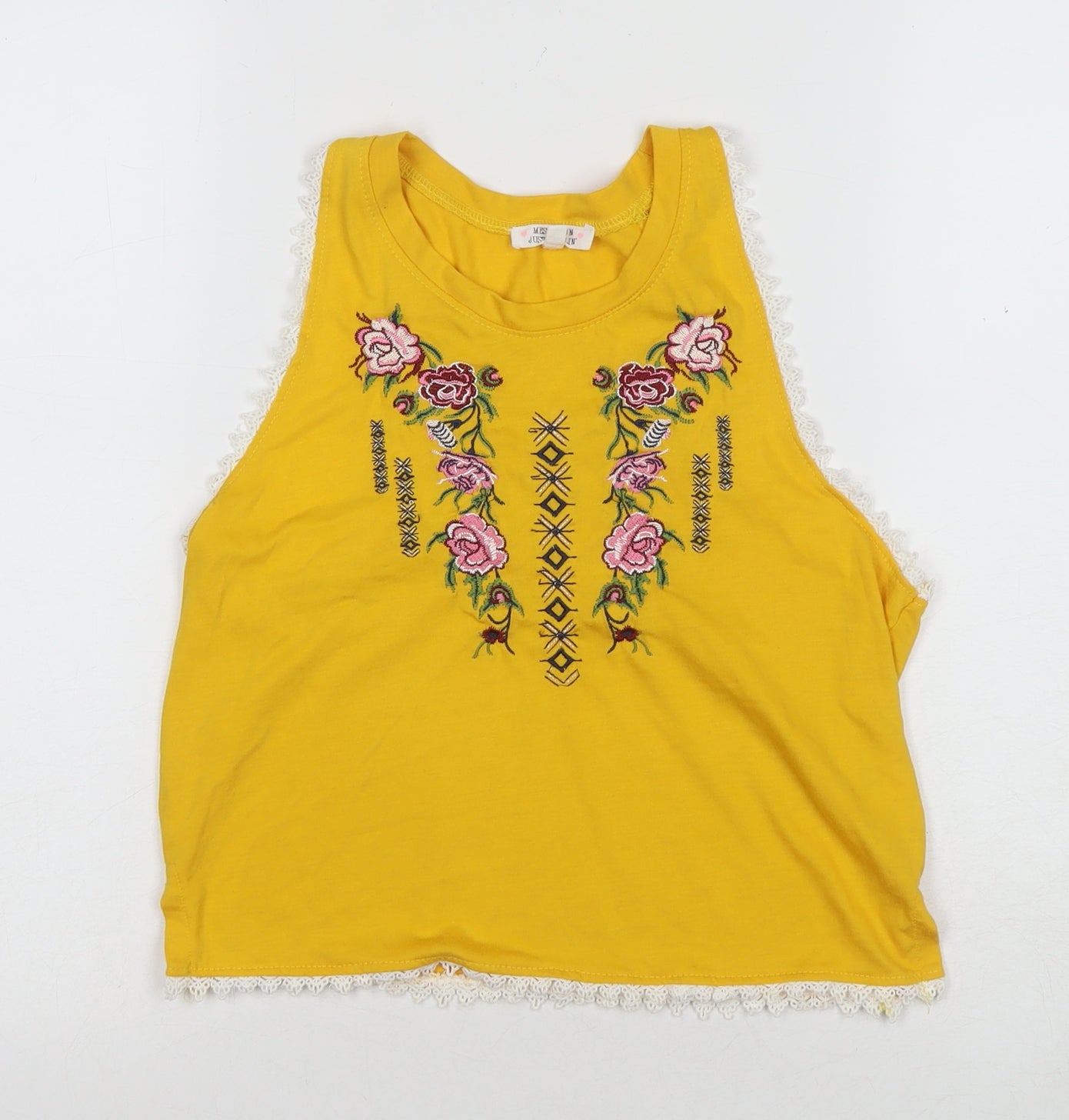 Messy Bun Women's Yellow Floral Embroidered Tank M