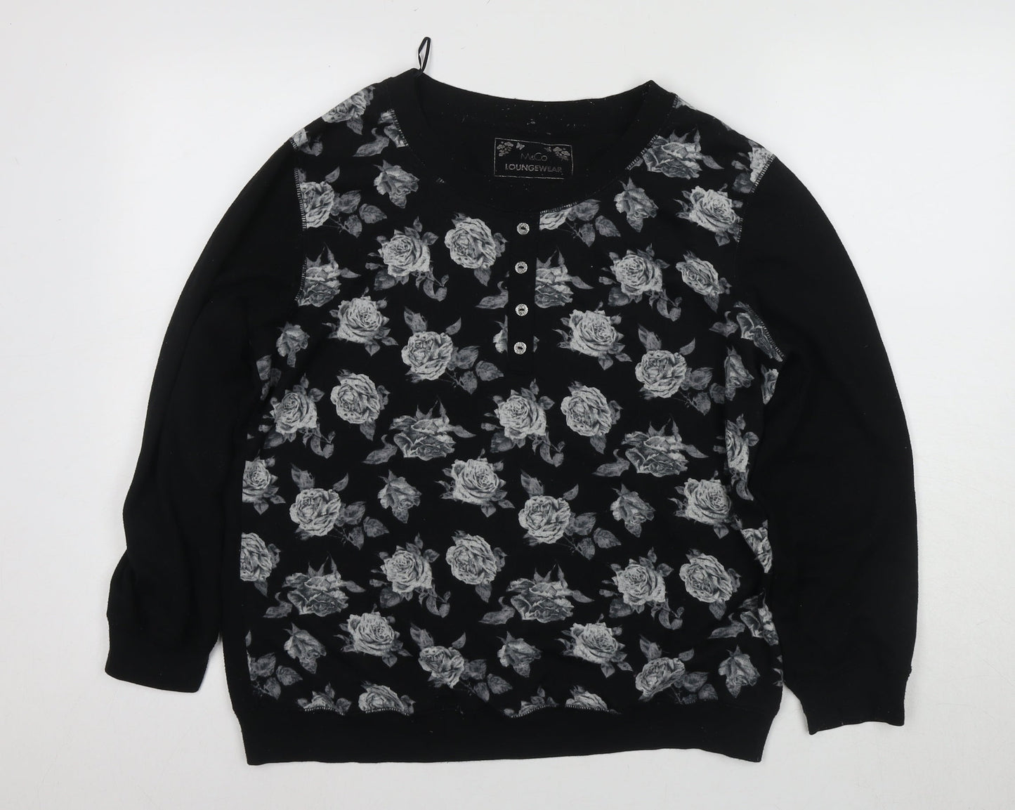 M&Co Women's Black Floral Henley Jumper Size 14