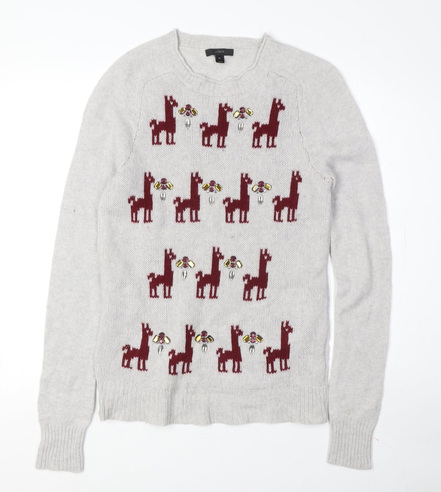J.Crew Women's Grey Wool Pullover Jumper, M, Animal Print