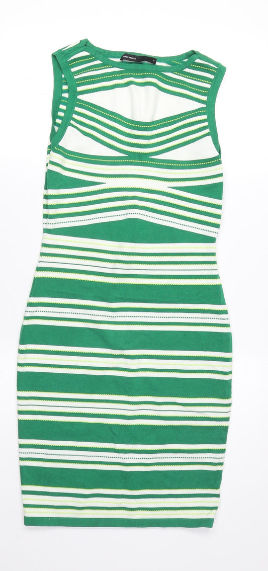 Karen Millen Women's Green Striped Bodycon Dress Size 2